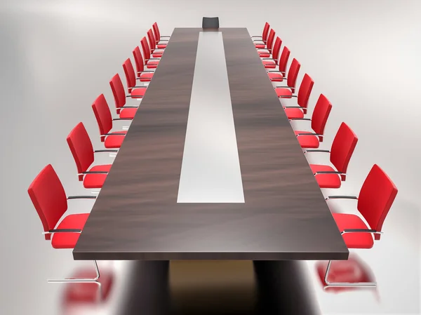 木製のテーブルと赤い椅子の背景を持つ3Dオフィス — ストック写真