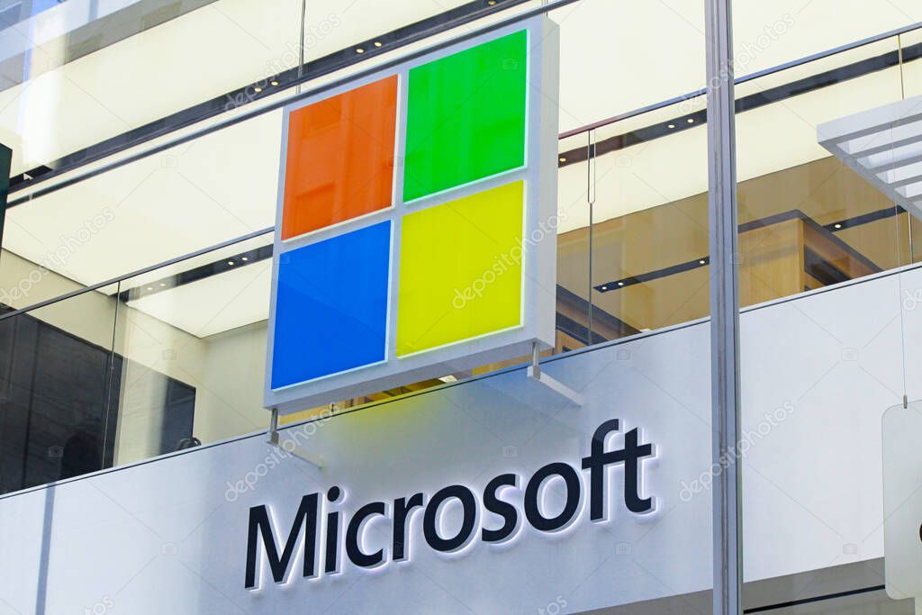 New York, NY - August 26, 2021: Microsoft store window with logo in Midtown Manhattan
