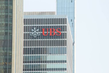 New York, NY - August 26, 2021: UBS bank corporate logo on office building in Midtown, Manhattan.