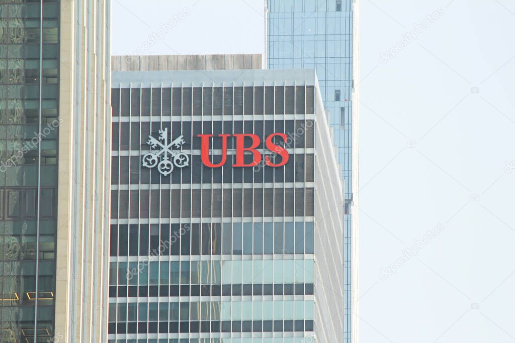 New York, NY - August 26, 2021: UBS bank corporate logo on office building in Midtown, Manhattan.