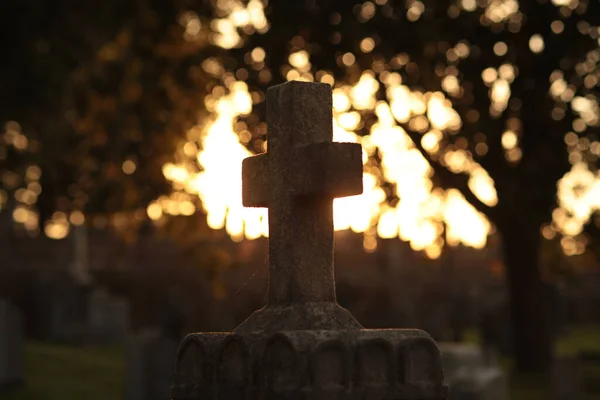 Stone Crucifix Grave Stone Trees Silhouetted Orange Glow Dawn Sunset — Stock Photo, Image