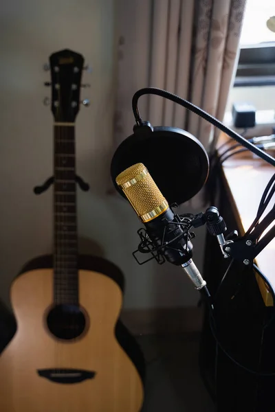 close up of microphone at music work station, music concept