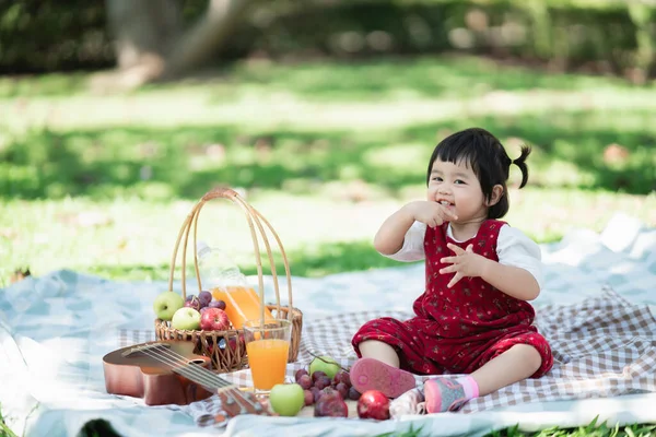 Parktaki piknik sırasında çimlerin üzerinde oturan sevimli Asyalı bebek.