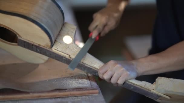 Homem Ofício Que Faz Guitarra Tabela Madeira Conceito Trabalhando Capenter — Vídeo de Stock