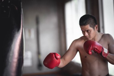 Sporcu Muay Thai boksör antrenmanı spor salonunda boks çantasıyla