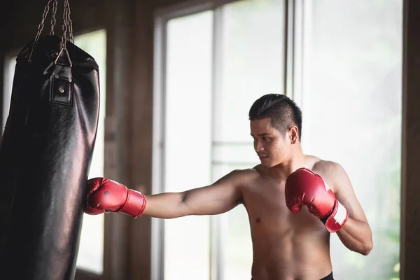 Sportsman Muay Thai Boxer Training Boxing Bag Gym — Stock Photo, Image