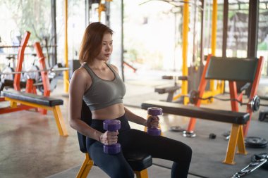 Güzel kadınlar spor salonunda dambılla egzersiz yaparlar, spor konsepti.