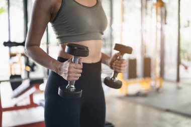 Güzel kadınlar spor salonunda dambılla egzersiz yaparlar, spor konsepti.