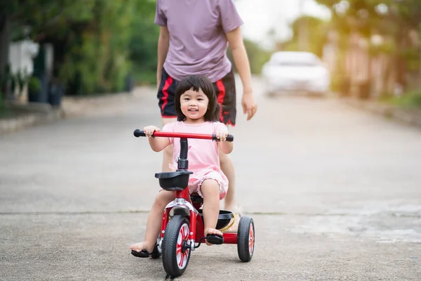 Cute Children Riding Bike Her Mother Kids Enjoying Bicycle Ride — Stock Photo, Image