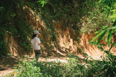 Çamur yolu boyunca doğayı keşfeden genç bir kız yemyeşil ve güneş ışığıyla çevrili açık havada ağaçların arasından süzülüyor.