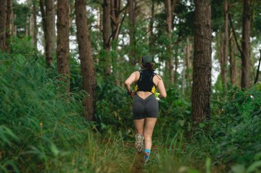 Siyah Atletik Kıyafet Koşucusu Yoğun Orman Yolu 'nda Koşuyor Doğada Yeşillikle çevrili Gün Doğumu veya Gün batımı Açık Hava Fitness Oturumu sırasında