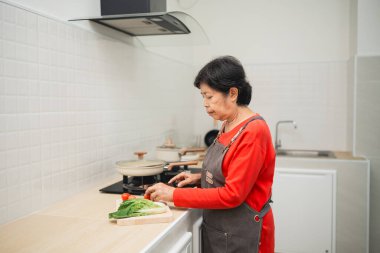 Modern mutfakta taze sebzeleri doğrayan önlüklü yaşlı bir kadın aşçılık ve beslenme becerilerine odaklanmış aile için sağlıklı bir yemek hazırlıyor.