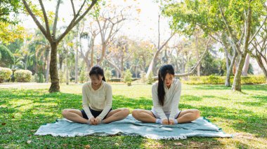 Sonbaharda bereketli yeşillik ve yumuşak güneş ışığıyla çevrili Serene Park 'ta Meditasyon ve Farkındalık Yapan İki Kadın