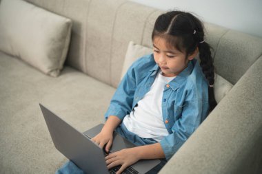 Genç kız sakin bir atmosferi olan rahat bir kanepede otururken dizüstü bilgisayara odaklanmış, çevrimiçi öğrenme ya da evdeki yaratıcı faaliyetlerle meşgul oluyor.