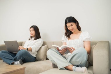 İki genç kadının kanepede dinlendiği rahat bir sahne. Biri kitap okuyor, diğeri de dizüstü bilgisayarda çalışıyor. Evde boş vakitlerin tadını çıkarıyor.