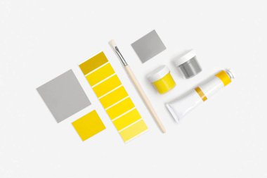 Aydınlatıcı, nihai gri boyalar ve boya fırçaları beyaz arka plan. 2021 'in renkleri. Üst manzara, düz uzanma.