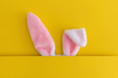 Sarı arka planda tavşan kulakları. Asgari paskalya kavramı.