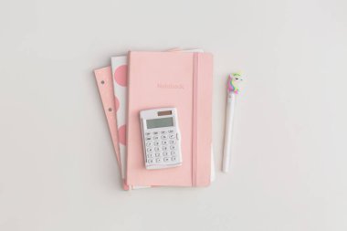 Hesap makinesi, not defteri ve gri arka planda kalem. Üst Manzara. Düz yatıyordu. Okul konseptine dönelim..