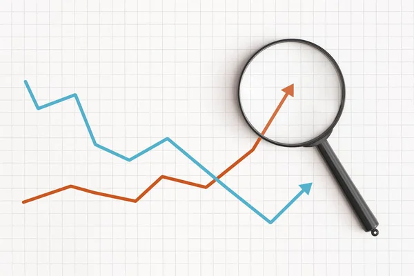 Grafico Aziendale Lente Ingrandimento Sul Tavolo Sviluppo Finanziario Economia Statistiche — Foto Stock