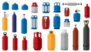Beyaz arkaplana farklı bir gaz tüpü yerleştir. Güvenli nakliye gaz vektör çizimi için ekipman izole edilmiş vektör tasarımı.