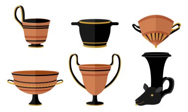 Antik Yunan içki fincanı rhyton, kantharos, skyphos, mastos, kyathos, cylix 'i ayarla. Beyaz arkaplanda desenleri olan Kit kil antika şarap bardağı düz vektör çizimi.