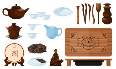 Çin çay seremonisini beyaz arka planda yapın. Kit kettle, cup, puerh, kepçe, gaiwan, chaban, chaju, iğne, süzgeç, cha dao, maşa, huni vazo fırçası düz vektör çizimi