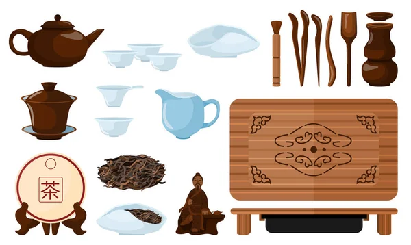 Çin çay seremonisini beyaz arka planda yapın. Kit kettle, cup, puerh, kepçe, gaiwan, chaban, chaju, iğne, süzgeç, cha dao, maşa, huni vazo fırçası düz vektör çizimi