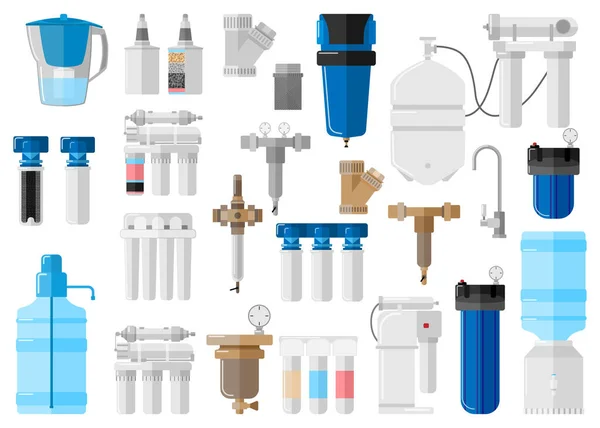 Kit water filter on white background in flat style. Set equipment for processes with special modern technologies water purification vector illustration design — Stock Illustration Kit Water Filter White Background Flat Style Set Equipment Processes Stock Illustration