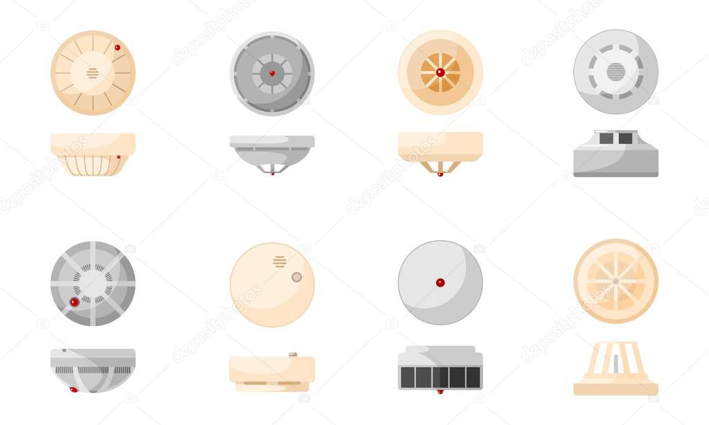 Set fire prevention smoke detector sensor on white background. Gas sensor in flat style. Home safety alarm. Vector illustration