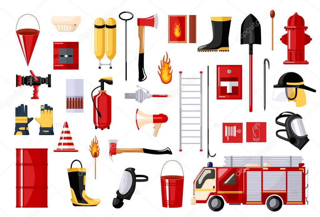 Set of fireman on white background. Fire fighting vehicle and hydrant, helmet, hose, extinguisher, ladder, gas mask. Flat style vector illustration.