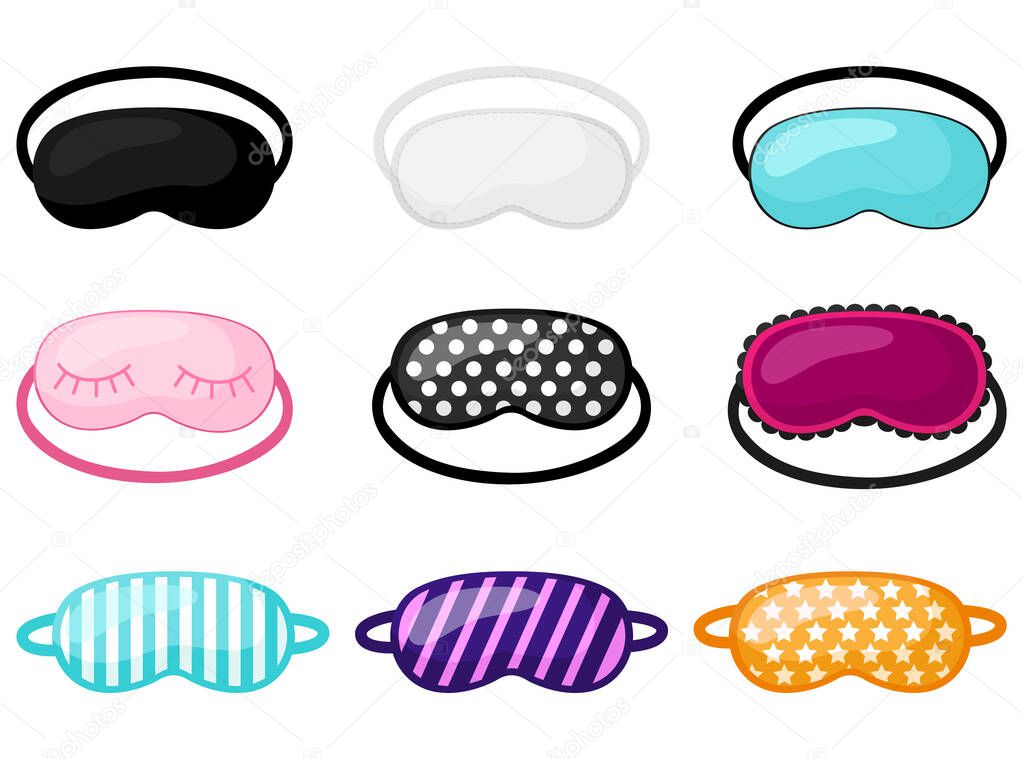 Set sleep mask with different design on white background. Kit face mask for sleeping human with polka dot, striped, with lace and stars in flat style vector illustration.