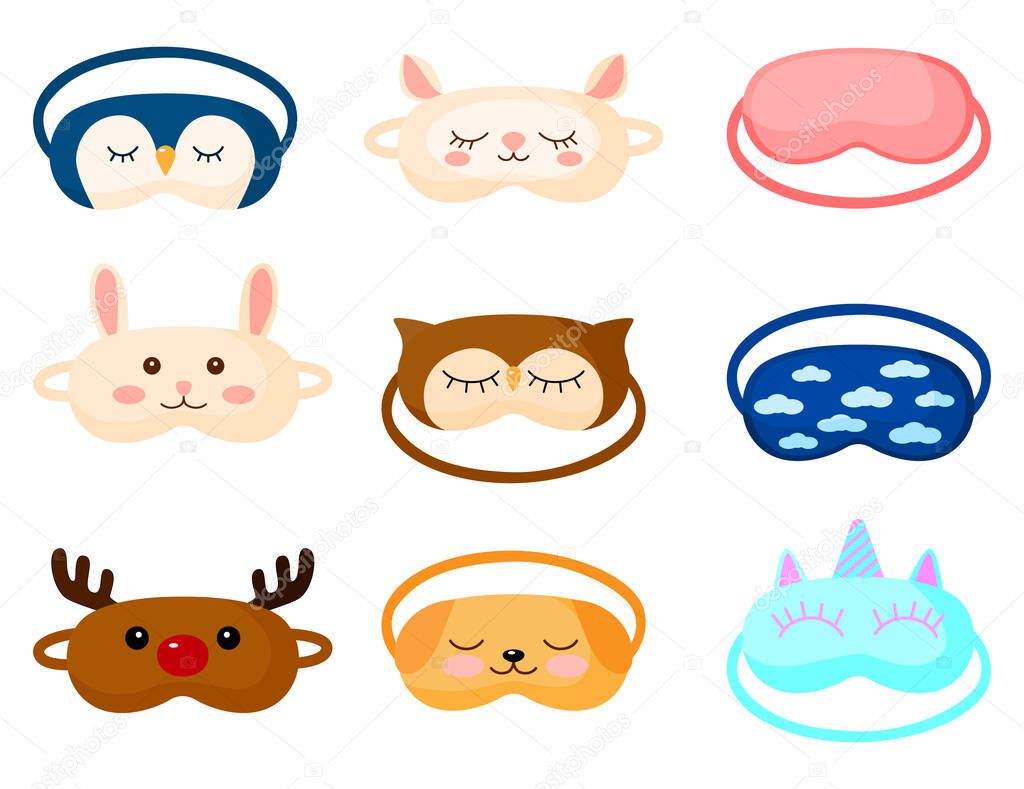 Kit children s sleep mask with different design on white background. Set face mask for sleeping human with dog, deer, owl, sheep, rabbit, penguin, unicon and cloud in flat style vector illustration.