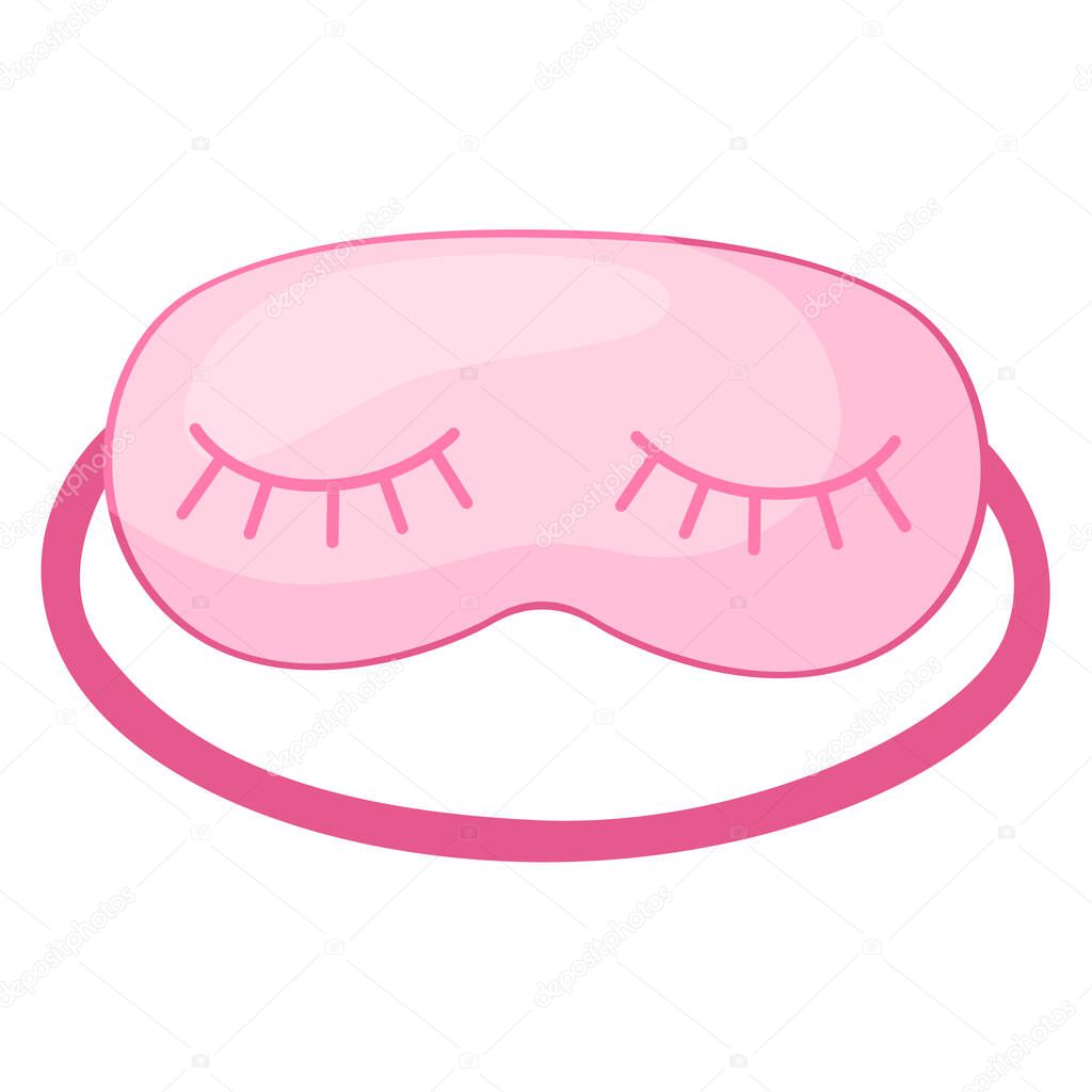 Sleep mask pink with eyelashes on white background. Face mask for sleeping human isolated in flat style vector illustration.
