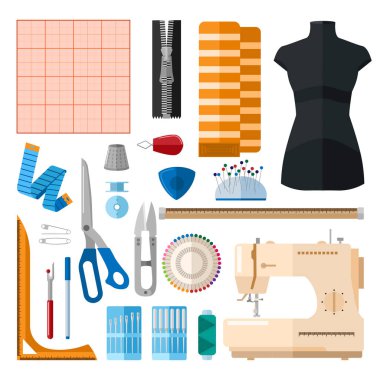 Beyaz arka planda dikiş için ayarlandı. Dikiş iplikleri, makine, iğneler, yüksük, düğmeler, raptiyeler, makas, fermuar, cetvel, bobbin, düz vektör ilüstrasyonunda grafik kağıdı koleksiyonu.