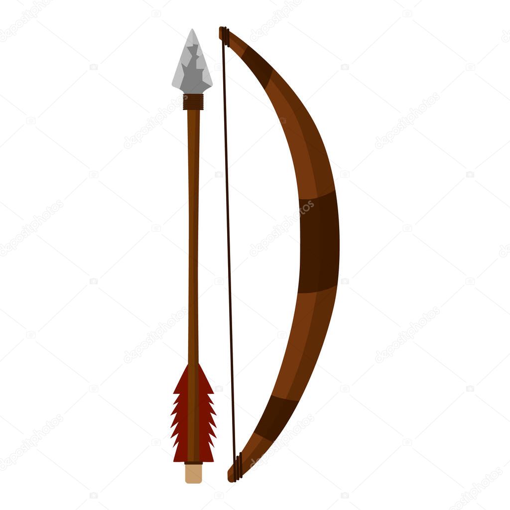 Weapons of the Neanderthals bow and arrow isolated on white background. Elements hunting prehistoric in flat style vector illustration.