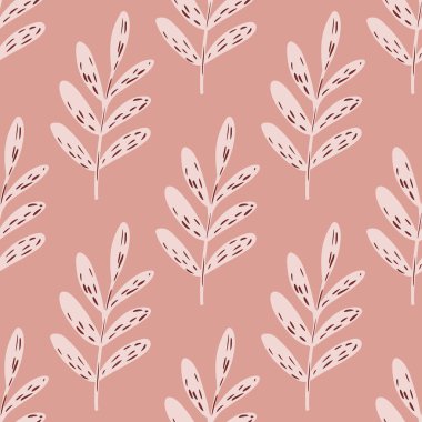 Pembe palet, yaprakları dallı, pürüzsüz çiçek deseni. Yapraklı el çizimi siluetler. Tekstil, kumaş, hediye paketi, duvar kağıtları için düz vektör baskısı. Sonsuz illüstrasyon.