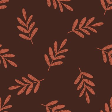 Yaprak dalları silueti olan, rastgele, koyu ve pürüzsüz bir desen. Kestane rengi arka plan. Tekstil, kumaş, hediye paketi, duvar kağıtları için düz vektör baskısı. Sonsuz illüstrasyon.