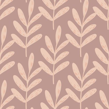 Rengi soluk pembe dallar ve siluetleri olan kusursuz doğa desenleri. Pastel palet botanik çizimi. Tekstil, kumaş, hediye paketi, duvar kağıtları için düz vektör baskısı. Sonsuz illüstrasyon.