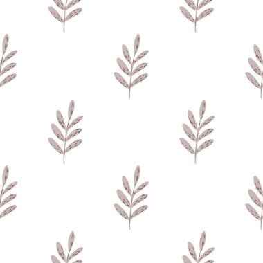 İzole edilmiş, minimalist, pürüzsüz, mor yapraklı bitki örtüsü deseni. Basit yaprak siluetleri. Tekstil, kumaş, hediye paketi, duvar kağıtları için düz vektör baskısı. Sonsuz illüstrasyon.