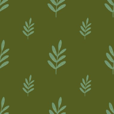 Açık mavi yapraklı, minimalist, pürüzsüz çiçek deseni. Yeşil arka plan. Tekstil, kumaş, hediye paketi, duvar kağıtları için düz vektör baskısı. Sonsuz illüstrasyon.
