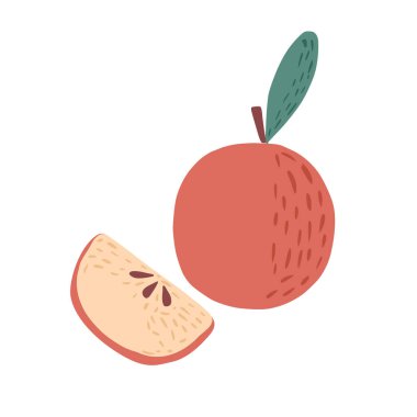 Beyaz arka planda tamamen kırmızı elma dilimi. Elma eli karalama biçimi vektör illüstrasyonunda çizildi.