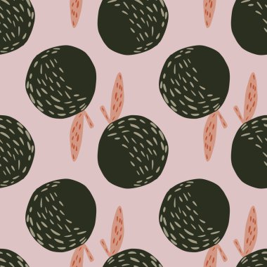 Kusursuz desenli soluk palette, basit elma şekilli. Eflatun arka planda koyu yeşil meyve siluetleri. Tekstil, kumaş, hediye paketi, duvar kağıtları için düz vektör baskısı. Sonsuz illüstrasyon.