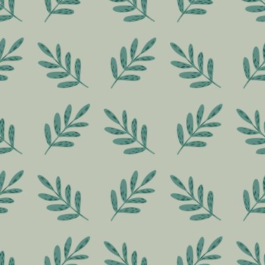 Basit soyut botanik dikişsiz desen turkuaz yaprak dalları siluetleri. Gri arka plan. Tekstil, kumaş, hediye paketi, duvar kağıtları için düz vektör baskısı. Sonsuz illüstrasyon.