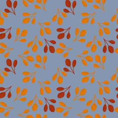 Sonbaharda turuncu ve kestane rengi dalları olan dikişsiz karalama patern. Mavi arka planda rastgele bir süs. Stok çizimi. Tekstil, kumaş, hediye paketi, duvar kağıtları için vektör tasarımı.