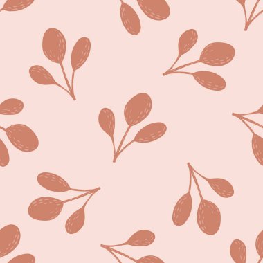 Yumuşak yay desenli pembe pastel palette yaprak skandi siluetleriyle. Rastgele botanik çizimleri. Stok çizimi. Tekstil, kumaş, hediye paketi, duvar kağıtları için vektör tasarımı.