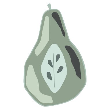 Beyaz arka planda izole edilmiş dallı yarım yeşil armut. Karalama biçimli vektör illüstrasyonuyla çizilmiş tohumlu armut.