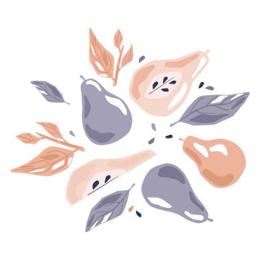 Kompozisyon armutları beyaz arka planda. Armut, yarım, dilim, tohum, pembe, mor, yaprak ve yapraklar, ince çizim İskandinav eli stil karalama vektörü çizimi ile çizilmiş..