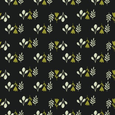 Koyu botanik süsü, kusursuz karalama deseni. Orman elementleri siyah arka planda. Doğa eserleri. Stok çizimi. Tekstil, kumaş, hediye paketi, duvar kağıtları için vektör tasarımı.