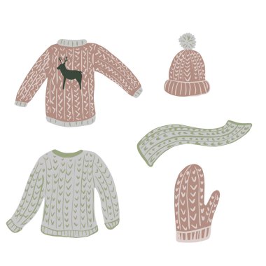 Beyaz arka planda çirkin süveter kompozisyonu. Süveter, eldiven, kep, eşarp ve yapraktan yapılmış İskandinav giysisi çizimi. Tarz karalama vektör çizimi ile çizilmiş el resmi..