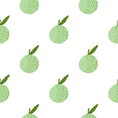 Yeşil pastel elma siluetleriyle izole edilmiş, dikişsiz meyve deseni. Beyaz arka plan. Sağlıklı yiyecek izi. Tekstil, kumaş, hediye paketi, duvar kağıtları için düz vektör baskısı. Sonsuz illüstrasyon.